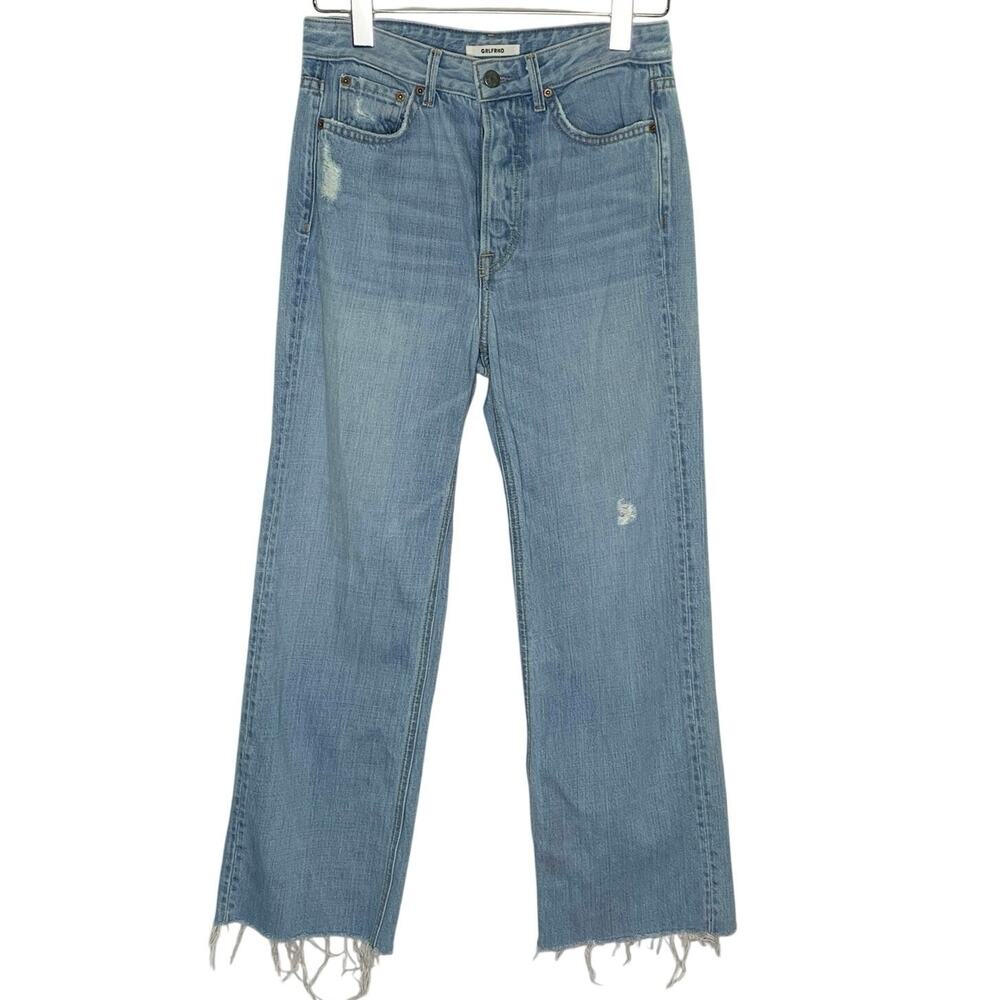GRLFRND Denim Wide Leg Distressed Jeans 26 Raw Hem Ankle Cropped Blue